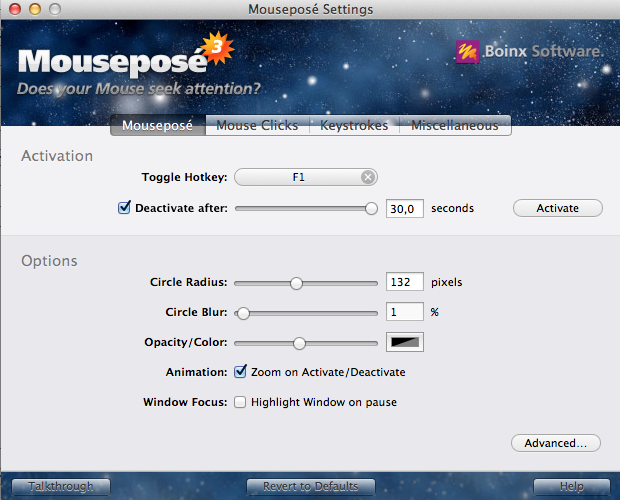 Boinx Mouseposé  : options d'affcihage