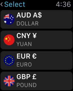Currencies Apple Watch - currency selection