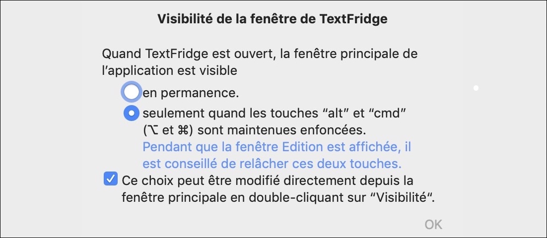 Réglage de la visibilité de le fenêtre principale de TextFridge
