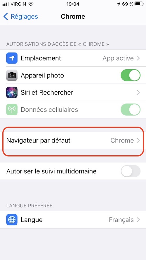 Image montrant le choix du navigateur par défaut dans iOS 14