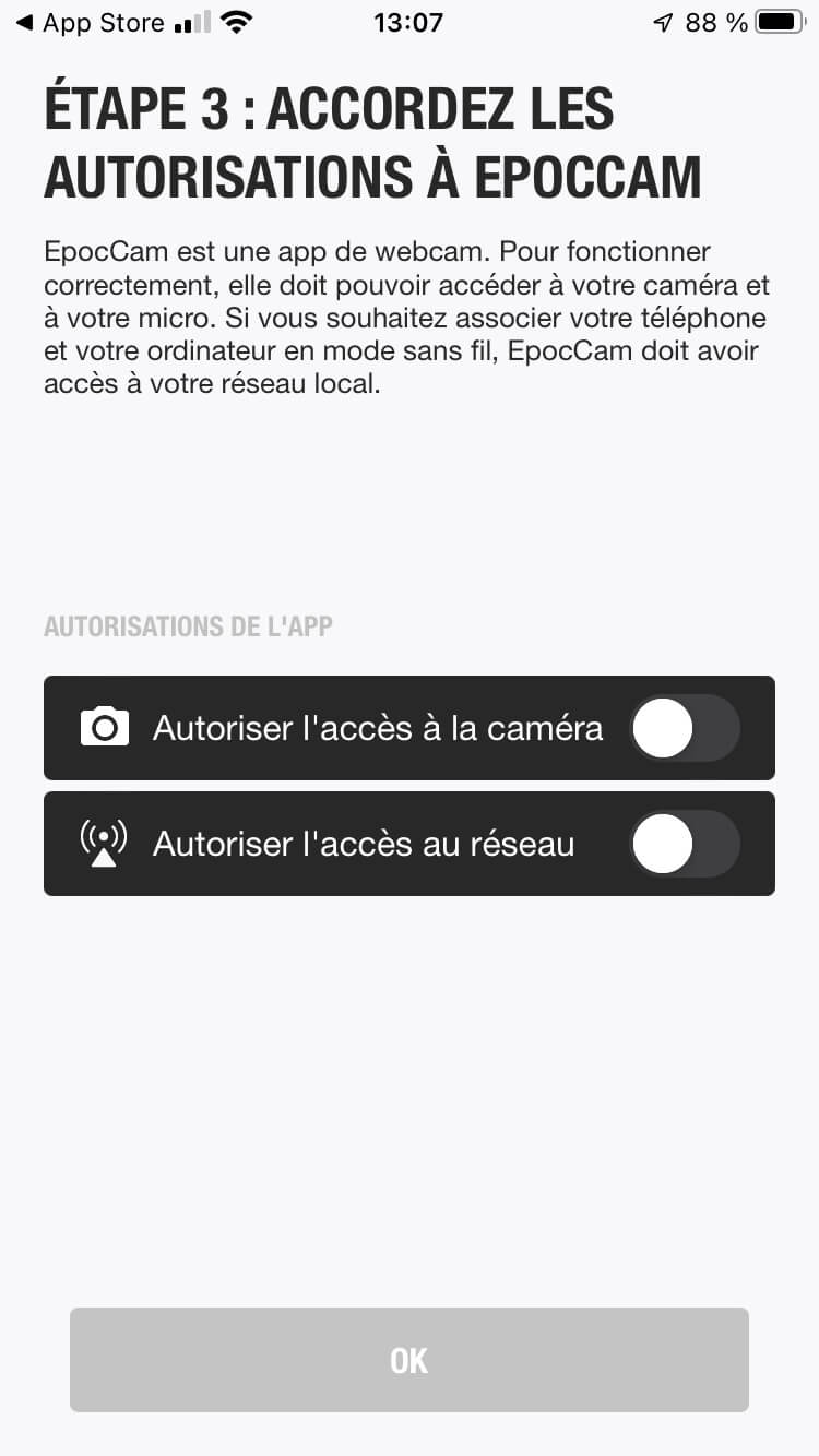 Instructions pour accorder l'accès à EpocCam à la caméra et au réseau