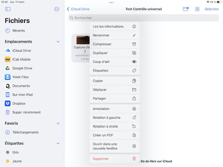 Image montrant le menu contextuel sur l'iPad