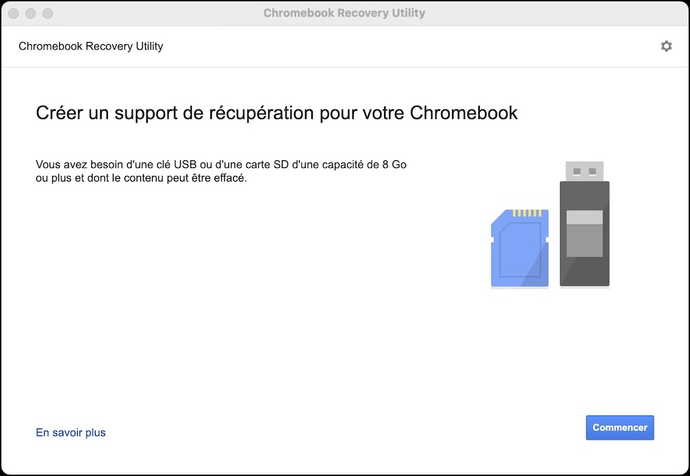 Image montrant la première étape de l'installation de Chrome OS Flex (on y voit un clé USB et une carte SD)