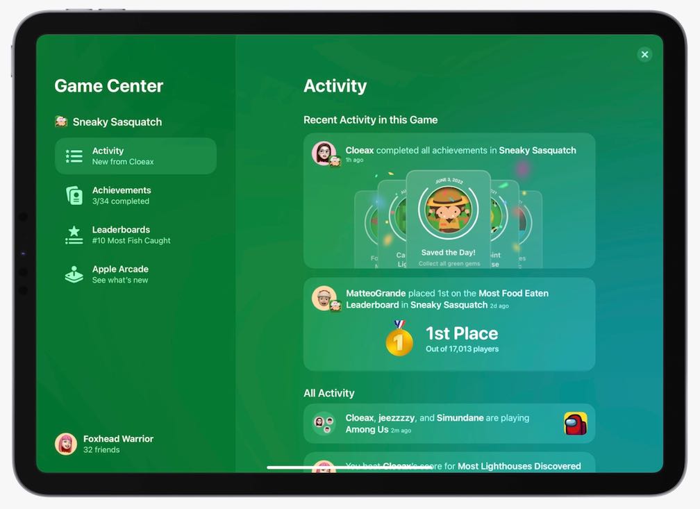 iPadOS 16 : image du tableau de bord de Game Center avec la fonction Activity
