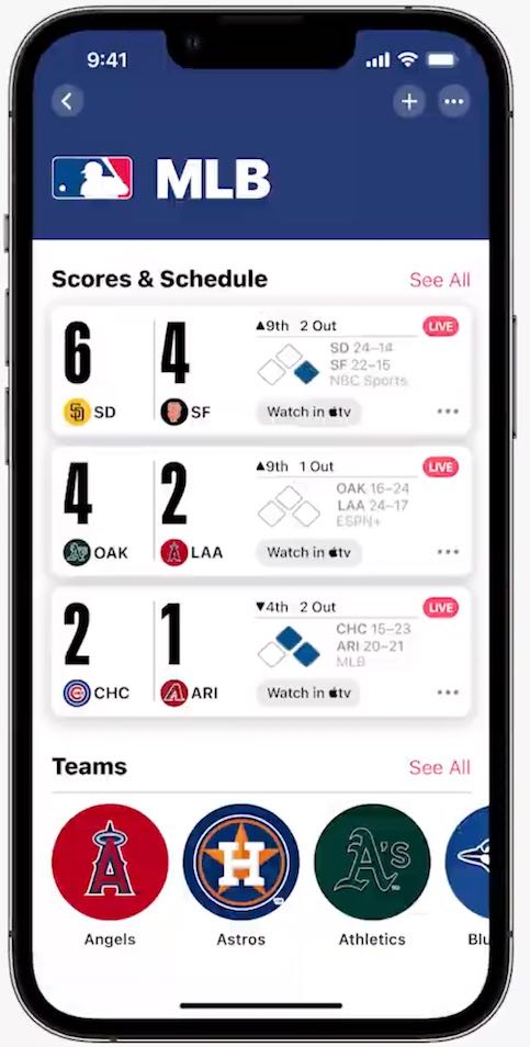 iOS 16 : Image montrant le pointage et l'horaire de différents matchs de baseball