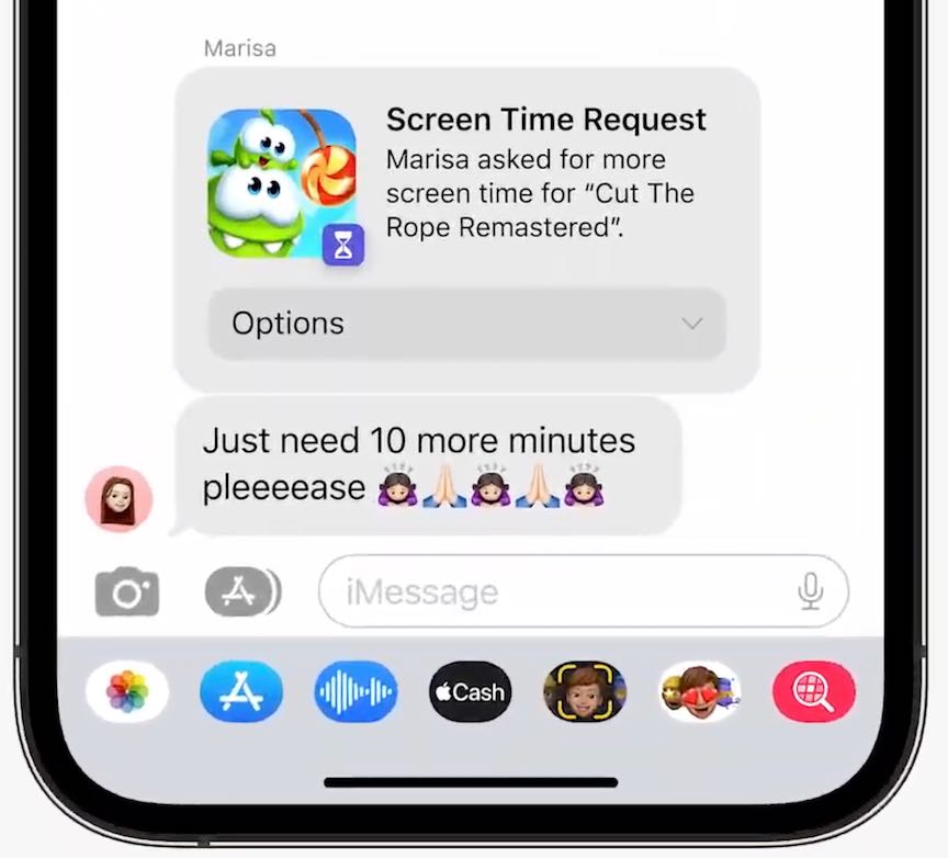iOS 16 : Image montrant la requête d'un enfant dans Messages pour obtenir plus de temps d'écran