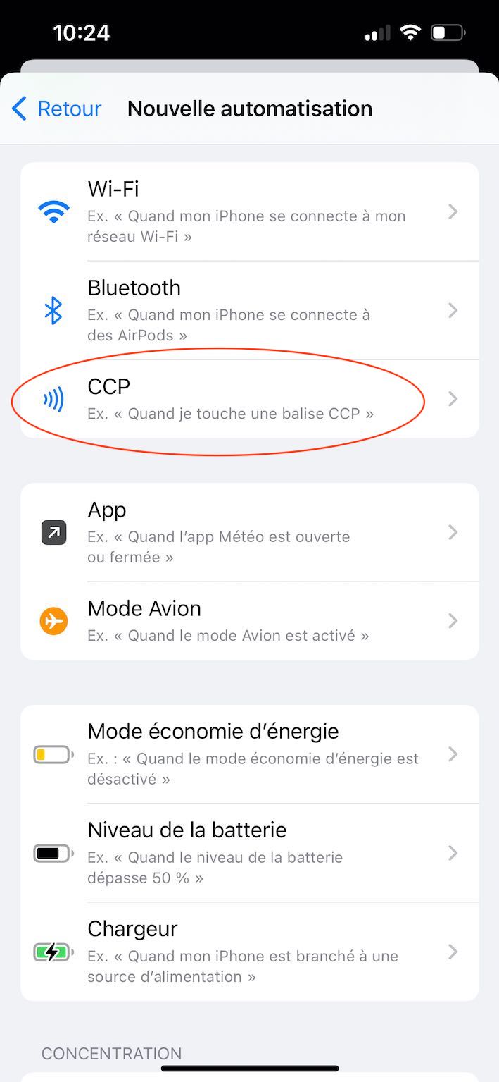 tag NFC - Image montrant l'option CCP (pour communication en champ proche)