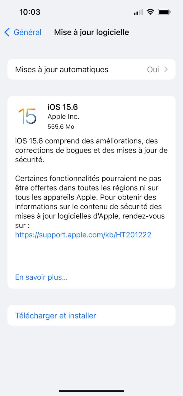 Image montrant l'annonce de la mise à jour d'iOS 15