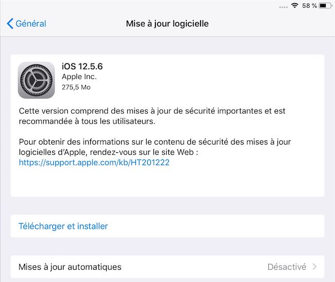 iOS 12.5.6 : Image montrant la fenêtre de mise à jour