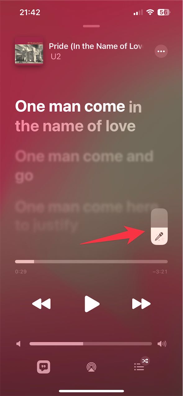 Apple Music Chant : Image montrant le bouton permettant d'ajuster le volume sonore de la voix dans une chanson