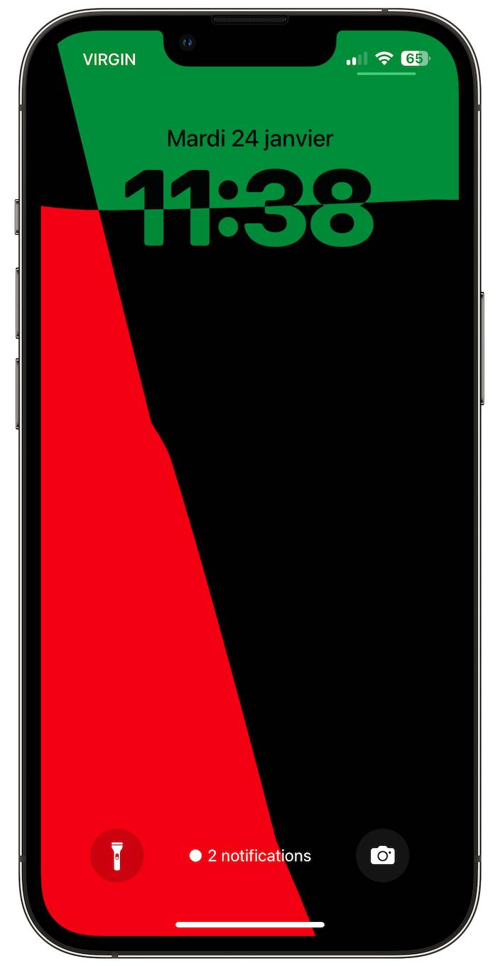 iOS 16.3 : Image montrant le fond d'écran Unité composé de rouge, de vert et de noir.