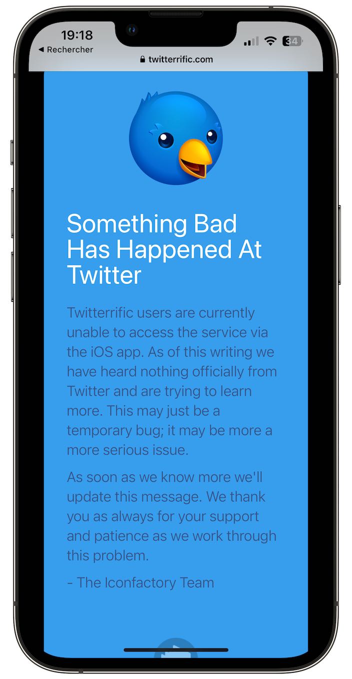 Twitter : Image montrant un message de l'application Twitterrific : Something Bas Has Happened At Twitter