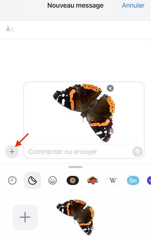 Image du papillon utilisée comme autocollant dans l'application Messages sur l'Phone