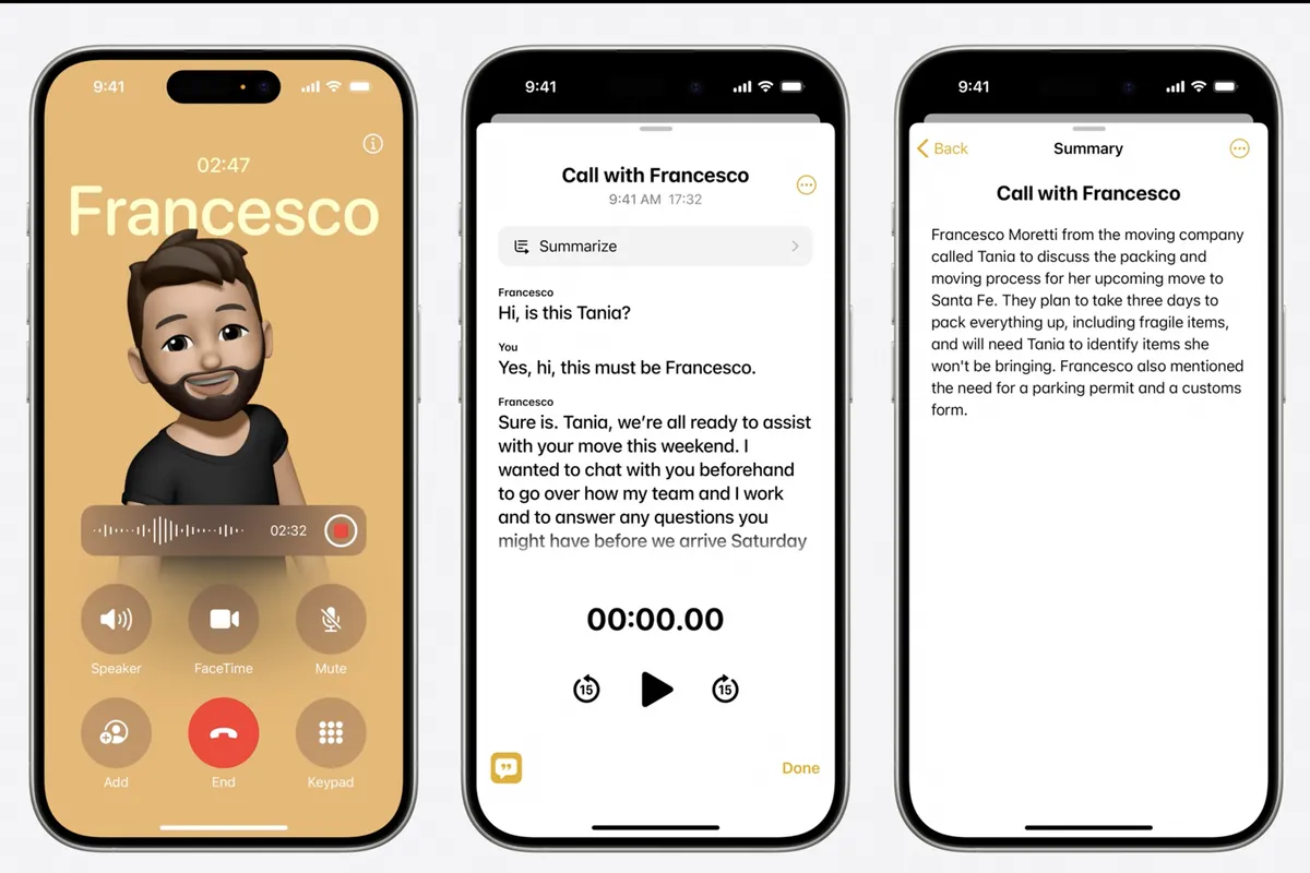 Image montrant trois captures d'écran de l'iPhone côte à côte : la première affiche l'écran d'accueil de l'app téléphone avec la nouvelle fonction permettant d'enregistrer les appels téléphoniques. La deuxième la transcription de l'appel et la troisième affiche la résumé de la transcription.